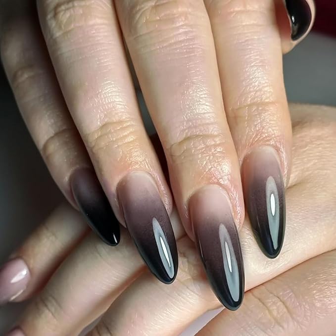 Ombre Black Fake Nails Medium Almond Press on Nails with Designs False Nails Glossy Glue on Artificial Nails for Women and Girls
