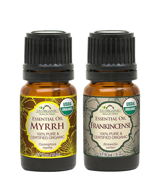 US Organic 100% Pure Myrrh, Frankincense Essential Oil Combo Pack - Directly sourced from The Horn of Africa - USDA Certified Organic - Use Topically or in Diffuser (5 ml Combo)-VivaGrace Women