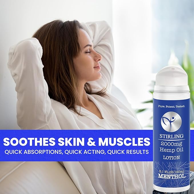 STIRLING Menthol Lotion + Hemp Oil – Maximum strength relief with cooling menthol and 100% pure hemp oil to soothe joints, relax muscles, and hydrate with aloe vera. 5 fl oz. (2000mg, Menthol)-VivaGrace Women