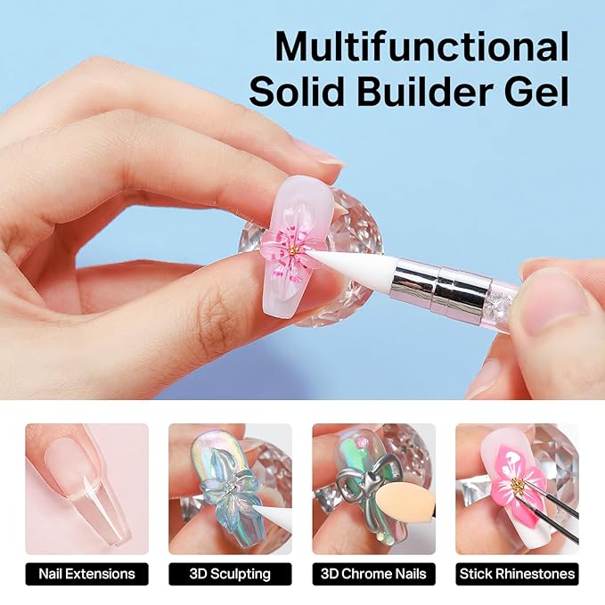 MIZHSE Solid Builder Gel for Nails, Clear 60g 3D Sculpting Gel for Nail Art Non-Sticky Molding Hard Gels UV LED Nail Charm with Gold Chrome Nail Powder and 3D Silicone Flower Mold Kit for DIY Salon-VivaGrace Women