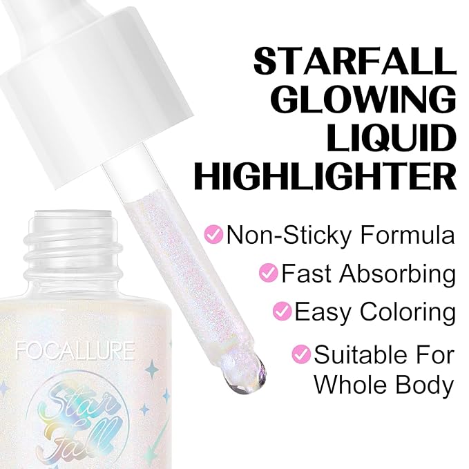 FOCALLURE Starfall Glowing Liquid Highlighter, Shimmering Body Oil, Non-Sticky Shimmer Liquid Luminizer, Non-Greasy, Face & Body Glitter Makeup for Costumes, Cosplay, Rave Festival, CYPRIDINA-VivaGrace Women