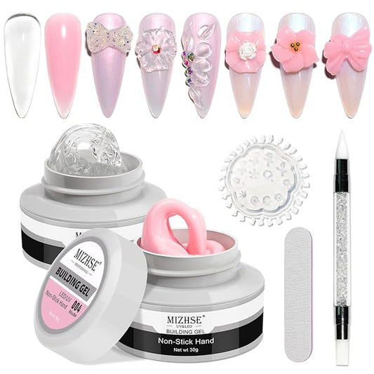 MIZHSE Non-Sticky Solid Builder Gel For Nails, 30g Clear and Pink Sculpting Building Carving Modeling Hard Gel for Nail Strengthen Nail Extension 3D Nail Art for Soak Off Manicure Kit DIY Home Gift-VivaGrace Women
