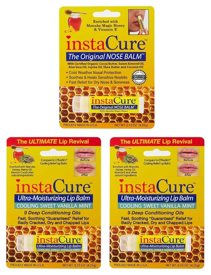 InstaCure Original Nose Balm With Raw Manuka Honey Vitamin E Shea Butter Aloe Vera Oil And Vanilla Mint Ultra-Moisturizing Max Repair/Protective Lip Balm - Fast Relief for Dry Nose & Soreness (3 Pack)-VivaGrace Women