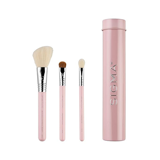 Sigma Beauty Travel Essential Trio - Makeup Brush Set for Foundation Powder Eyeshadow - 3 Tool Brushes with Brush Tin Holder - - Skin Safe, Vegan Makeup Brushes for Travel - Light Pink-VivaGrace Women