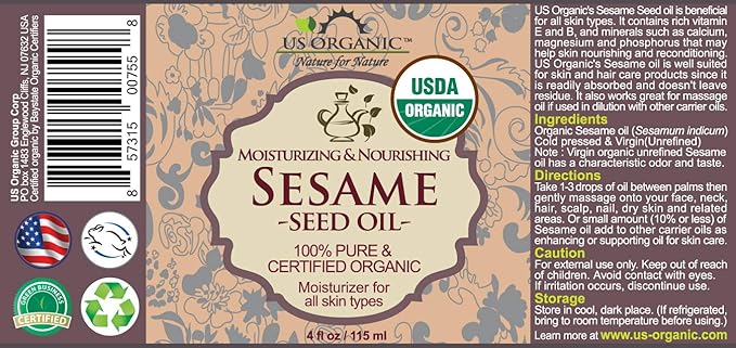US Organic Sesame Seed Oil, USDA Certified Organic, Untoasted, Unrefined Virgin, 100% Pure & Natural, Cold Pressed, in Amber Glass Bottle w/Glass Eye dropper, Sourced from Mexico (4 oz (Large))-VivaGrace Women