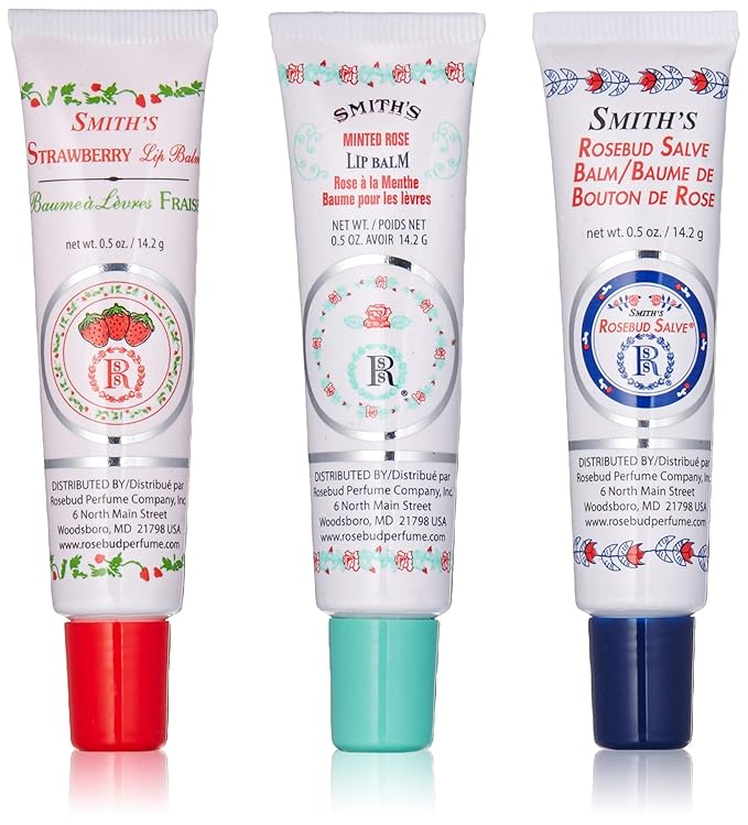Rosebud Perfume Co. Tube 3 Pack: Smith's Rosebud Salve + Smith's Strawberry Lip Balm + Smith's Minted Rose Lip Balm-VivaGrace Women