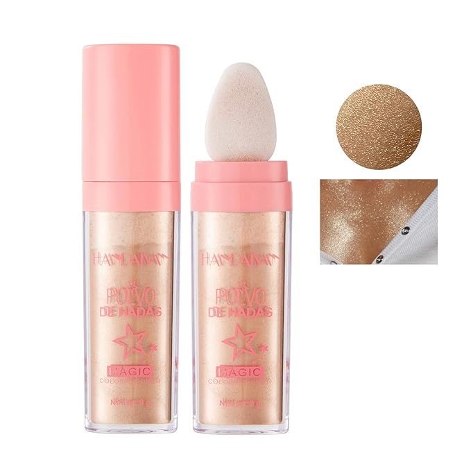 AKARY Shimmer Highlighter Powder, Fairy Polvo De Hadas Highlighter Powder & Blush Stick, Instant Glow Luminizer Duo, Glitter Body Face Hair High Gloss Stick, Sparkle Smudge-Proof Highlighter Stick Party Makeup (#03 Golden Brown)-VivaGrace Women