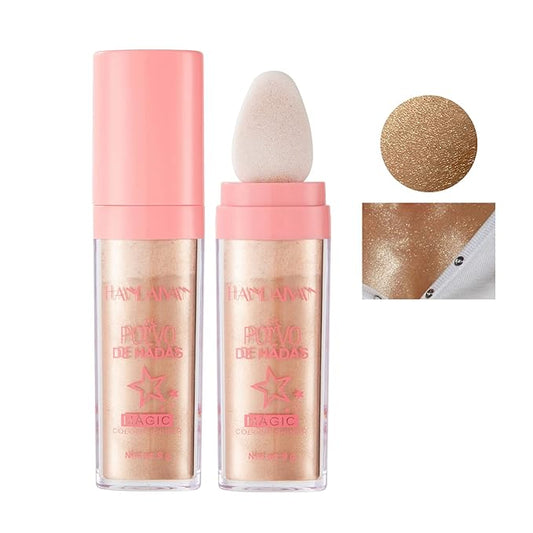 AKARY Shimmer Highlighter Powder, Fairy Polvo De Hadas Highlighter Powder & Blush Stick, Instant Glow Luminizer Duo, Glitter Body Face Hair High Gloss Stick, Sparkle Smudge-Proof Highlighter Stick Party Makeup (#03 Golden Brown)-VivaGrace Women