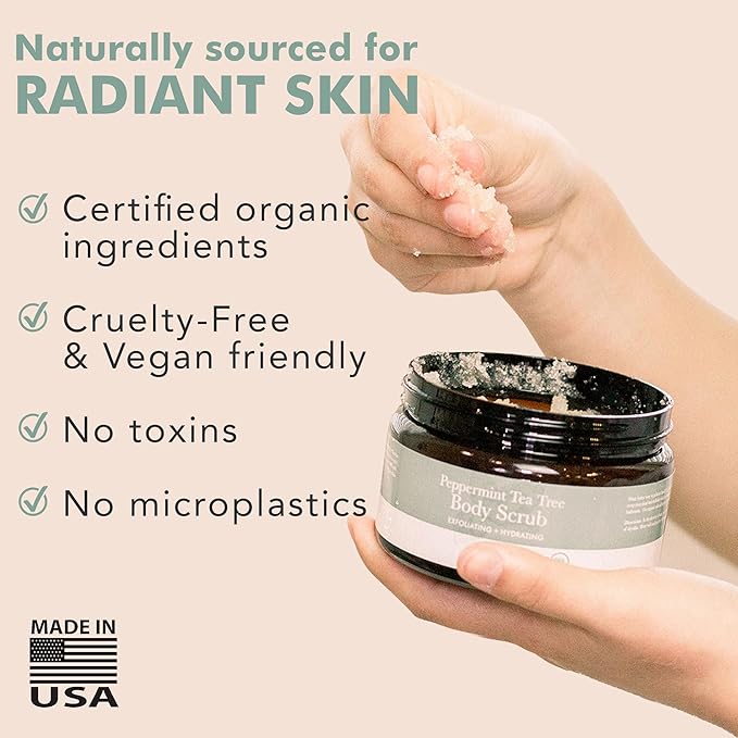 Peppermint Tea Tree Organic Body Scrub - USA Made Sugar Scrub with Natural Ingredients, Moisturizing Body & Foot Exfoliator for Dry and Sensitive Skin, Removes Dead Skin Cells & Reduces Ingrown Hair-VivaGrace Women