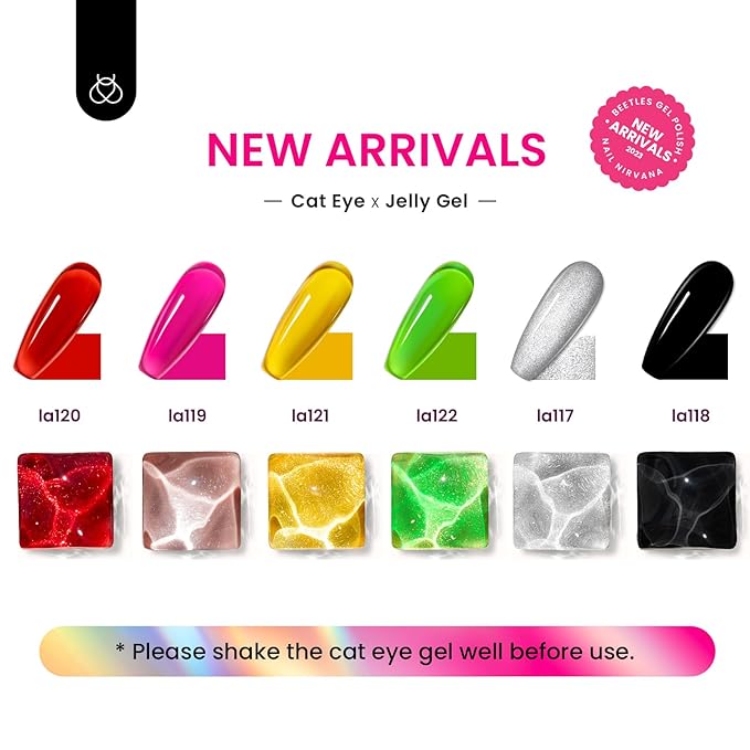 Beetles Gel Nail Polish Set, 6 Colors Silver Cat Eye Gel Polish Sheer Jelly Red Pink Yellow Green Black Neon Gel Translucent Glitter Effect with Magnet Soak Off UV Manicure Gifts for Women-VivaGrace Women