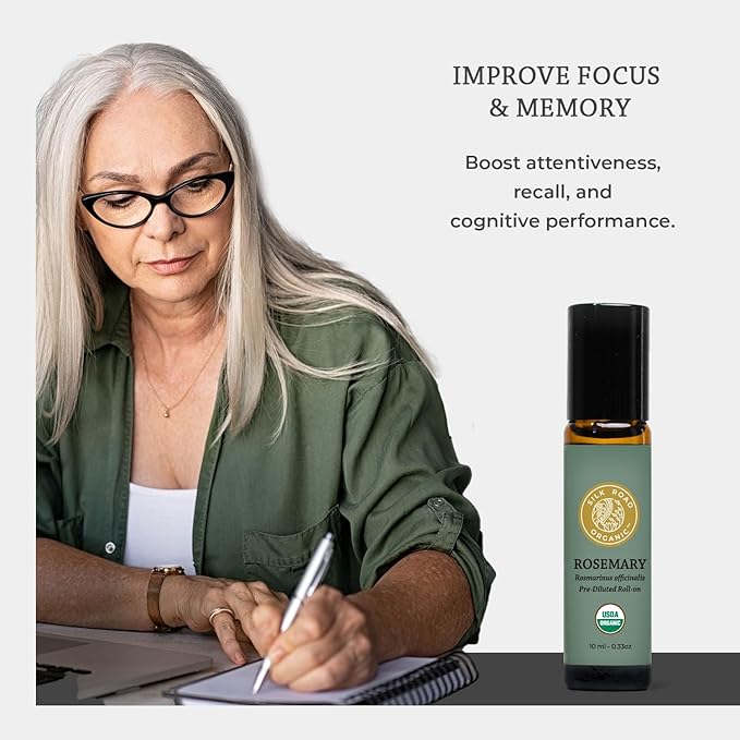 Silk Road Organic Rosemary Essential Oil & Jojoba Roll On, 100% Pure USDA Certified Aromatherapy to Improve Memory & Focus & Hair Health - 10 ml Roller-VivaGrace Women