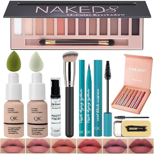 All In One Makeup Kit Full Kit,12 Colors Eyeshadow Palette,6 Colors Lipstick Set,2Full Coverage Foundation,Primer, Eyebrow Soap,Waterproof Eyeliner and Mascara(102 Nude +103 Warm peach+Shimmer Shadow)-VivaGrace Women