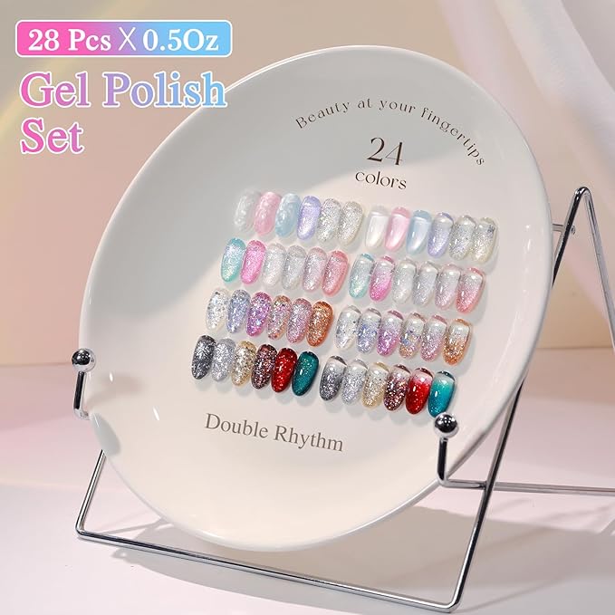 Double Rhythm 28Pcs 0.5Oz Glitter Gel Nail Polish Set Same Color Same Bottle Soak Off Gel Polish Kit Nail Art Manicure Salon DIY at Home (Sparkle Pearl Shimmer Collection-T24-9)-VivaGrace Women