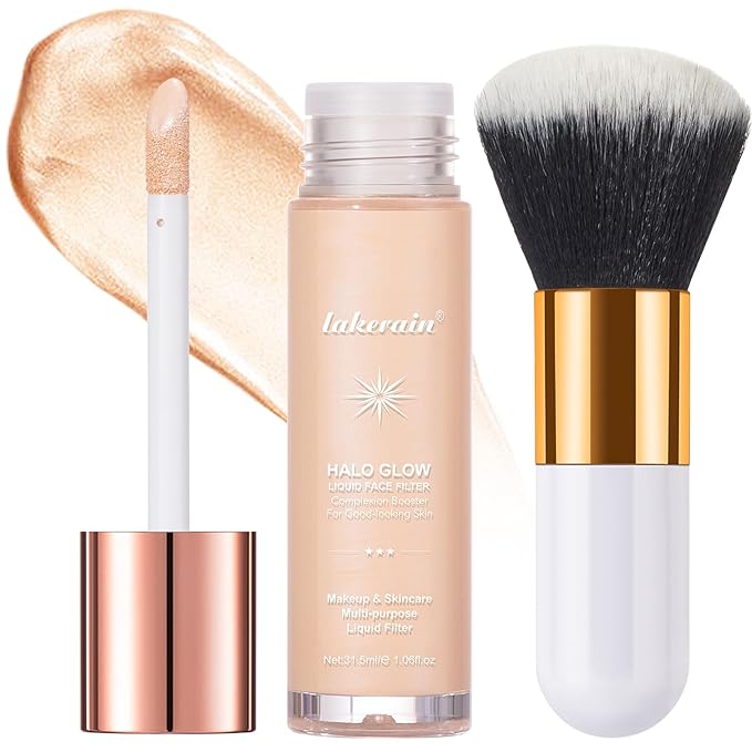 Natural Glow Liquid Filter Makeup, Longwear Face Luminizer, Complexion Booster For Any Part of the Body, Liquid Highlighter with Brush Kit, Infused Hyaluronic Acid, 1.06 fl oz (#02 FAIR/LIGHT)-VivaGrace Women