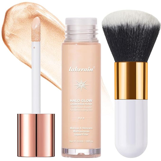 Natural Glow Liquid Filter Makeup, Longwear Face Luminizer, Complexion Booster For Any Part of the Body, Liquid Highlighter with Brush Kit, Infused Hyaluronic Acid, 1.06 fl oz (#02 FAIR/LIGHT)-VivaGrace Women