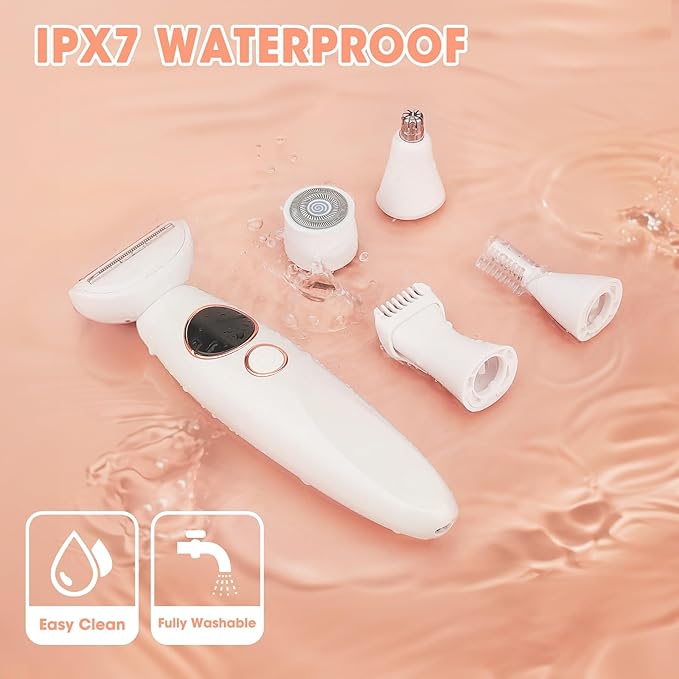 5 in 1 Bikini Trimmer for Women,IPX7 Waterproof Cordless Replaceable Pubic,Eyebrow,Facial Electric Razors&Nose Hair Trimmer&Painless Body Shaver for Arms Legs Underarms,USB Charge,LED Display,Wet&Dry-VivaGrace Women