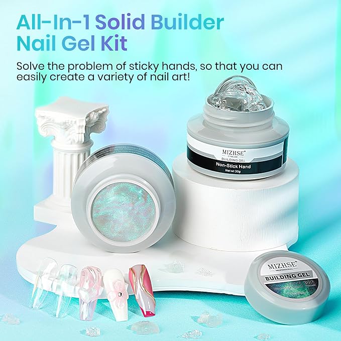 MIZHSE Solid Builder Gel for Nails – 2PCS 1oz Mermaid Pearl & Clear Hard Gel Kit with Nail Forms 3D Mold Soak-off U V 3D for Nails Extension for Salon Manicure Home DIY-VivaGrace Women