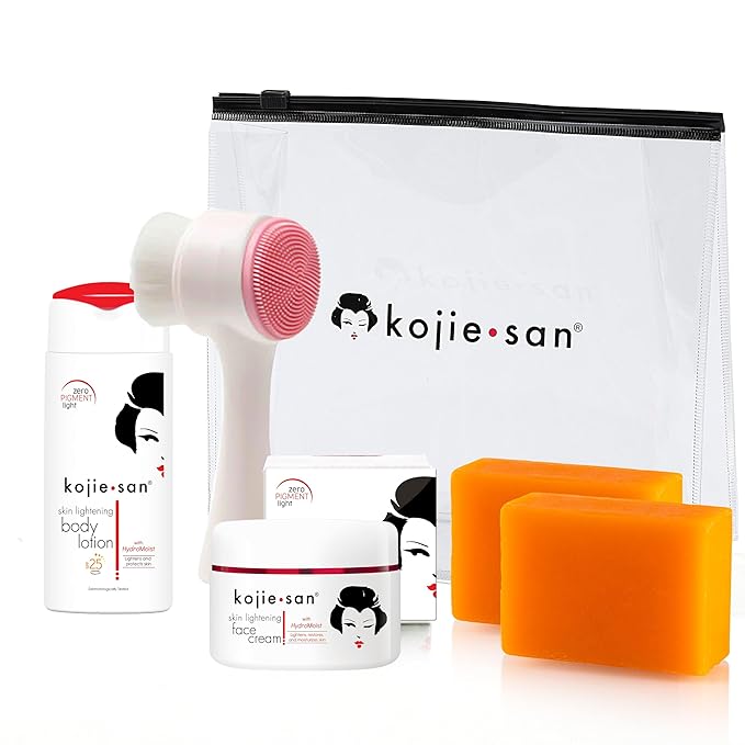 Kojie San Face & Body Complete Brightening Mini Set - 65 Gram x 2 Bars Soap, Body Lotion, Face Cream, and Facial Cleansing Brush-VivaGrace Women