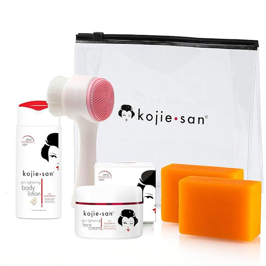 Kojie San Face & Body Complete Brightening Mini Set - 65 Gram x 2 Bars Soap, Body Lotion, Face Cream, and Facial Cleansing Brush-VivaGrace Women