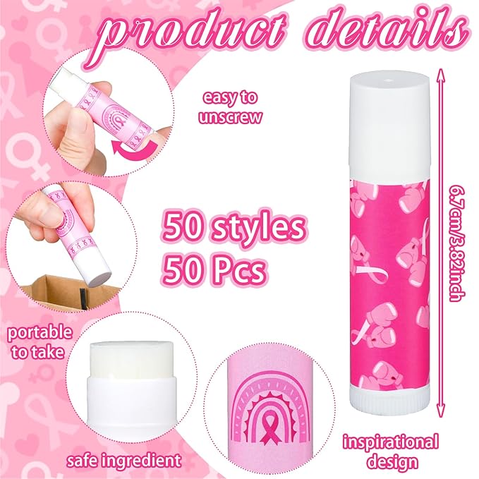50 Pack Breast Cancer Awareness Favors Bulk Lip Balms Gifts Pink Ribbon Lip Balms Favors Breast Cancer Awareness Month Accessories Support Party Items Decorations for Women Men Survivors-VivaGrace Women