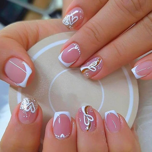 Medium Square Press on Nails White French Tip Fake Nails Gold Sparkly False Nails with Heart Designs Valentine Day Glue on Nails Glossy Artificial Nails Cute Stick on Nails for Women 24Pcs