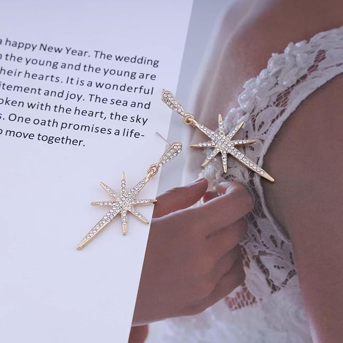 Vintage Crystal Northstar Dangle Earrings Rhinestone Northstar Studs Earrings Gold Cz Star Drop Earrings Sparkly Cz Starburst Earrings Jewelry for Women-VivaGrace Women