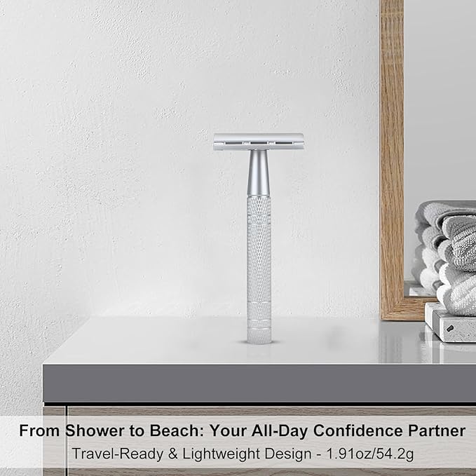 Double Edge Safety Razor, Single Blade Razors for Men and Women, with 10 Double Edge Blades, Reusable Metal 1 Blade Razor, Eco-Friendly, Zero Waste, Smooth and Close Shave, Matte Silver-VivaGrace Women