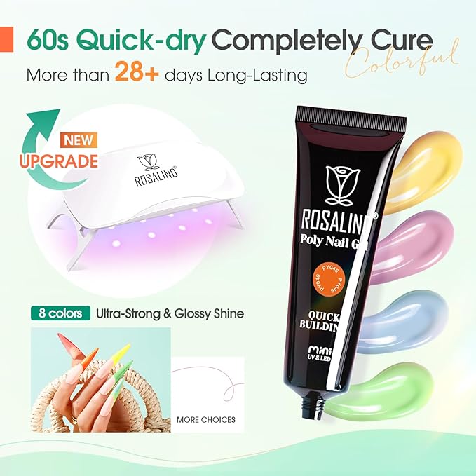 ROSALIND 8PCS Poly Nail Gel Kit with Mini Nail Lamp Clear Nude Poly Nails Gel Kit Starter Kit Nude Pink Nail Extensions Gel Set-VivaGrace Women