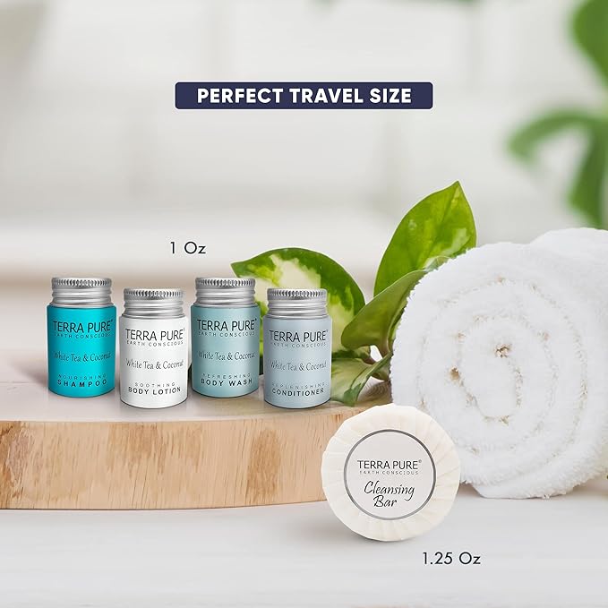 Terra Pure White Tea & Coconut Hotel Size Toiletries Set | 1-Shoppe All-In-Kit | 1 oz. Liquids and 1.25 oz. Bar Soap | Amenities For Hotels, Airbnb & Rentals | (75 pieces)-VivaGrace Women