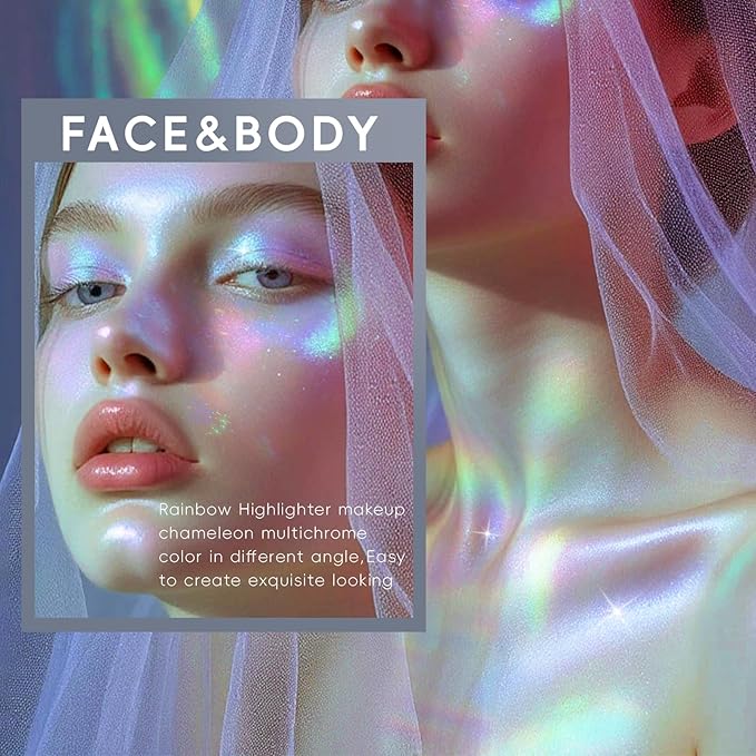 Chameleon Face Highlighter Palette, Glitter Metallic Rainbow Eyeshadow Holographic Sparkling Long Lasting Color Shifting Inner Corner Eye Brightener Illuminator Shimmer Highlighter Makeup-VivaGrace Women