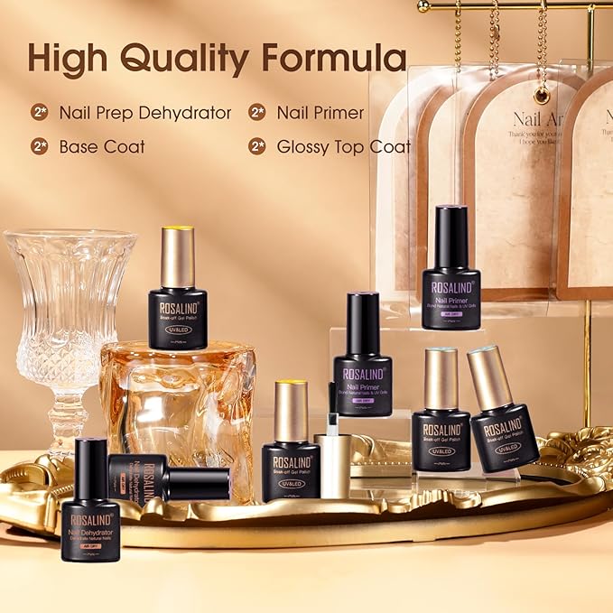ROSALIND 8 PCS Dehydrator Nail Primer and Top & Base Coats Kit, Nail Strengthening System Superior Protein Bonding, Fast Air Dry for Acrylic Powders Nail Gel Polish-VivaGrace Women