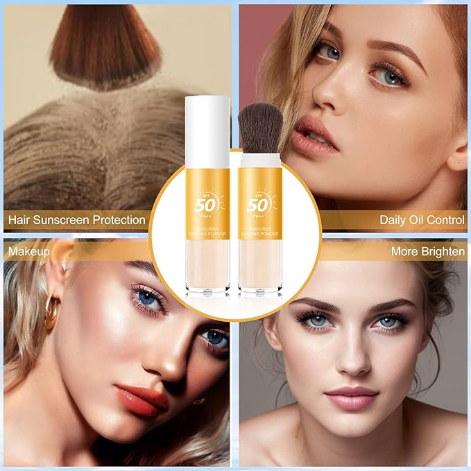 Mineral Sunscreen Setting Powder, SPF 50++ Mineral Setting Powder Sunscreen for Face with Soft Brush Powder Sunscreen for Scalp Matte Face Powder (1PC, 1.02 * 1.02 * 4.29)-VivaGrace Women