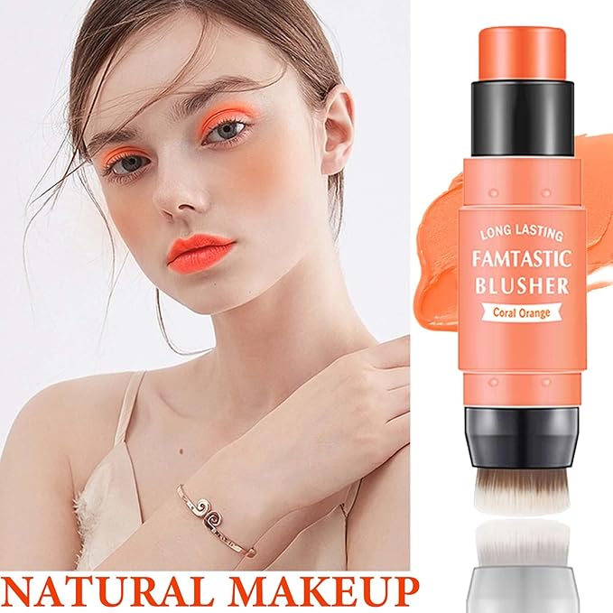 Cream Blush Stick,Blush Stick for Cheeks with Contour Brush,3-in-1 Long Lasting Waterproof Blush&Eye Shadow&Lip Gloss for Natural Skin Types（03 Citrus Pink）-VivaGrace Women