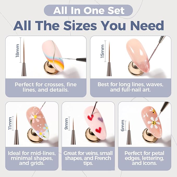 UNA GELLA Nail Art Brushes Metallic, Liner Pens 5Pcs Set For Nail Art Gel Polish, Gray Color, Detail Nail Art Design Painting Brush Set For Nails Gel Fine Drawing Nail Tools, 6/9/11/15/18mm Sizes-VivaGrace Women