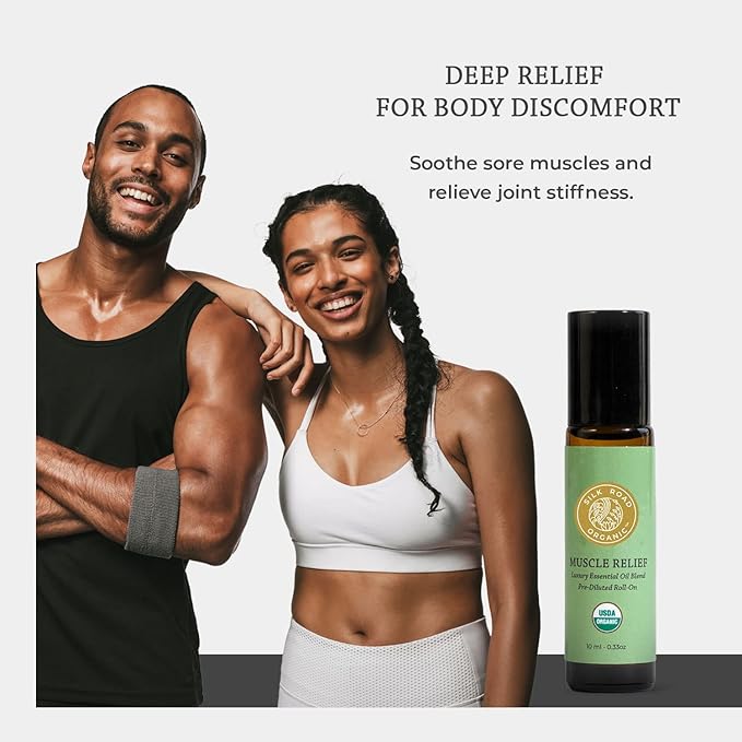 Silk Road Organic Muscle Relief Essential Oil Blend Roll On, 100% Pure USDA Certified Aromatherapy for Muscle Aches & Stiff Joints with Peppermint & Ginger - 10 ml Roller-VivaGrace Women