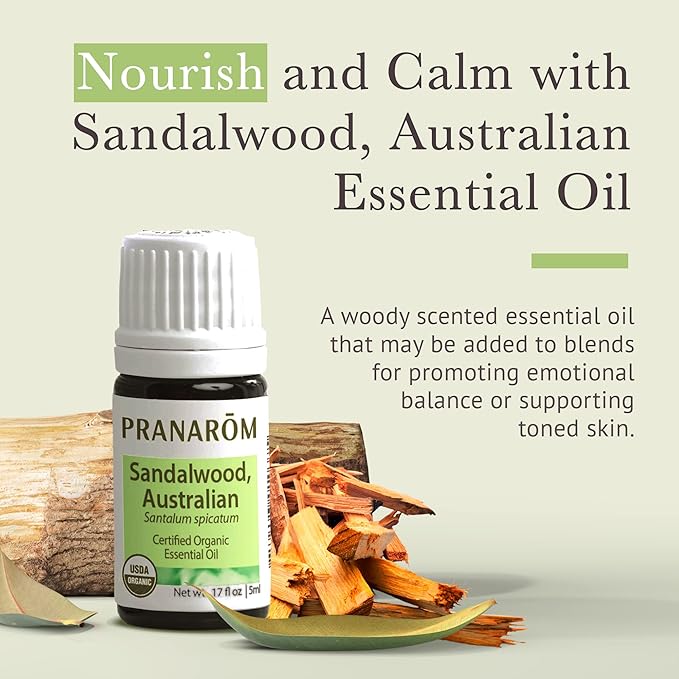 Pranarom USDA Certified Organic Australian Sandalwood Essential Oil (5ml), 100% Pure Natural Therapeutic Grade for Home Diffusing, Aromatherapy, Skincare, Candle Making, DIY Perfumes-VivaGrace Women