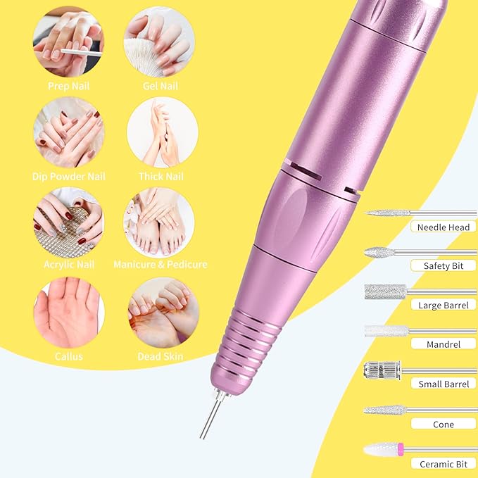 Portable Nail Drill Professional 35000 RPM, MOCOWIND Rechargeable Electric Nail File Machine for Acrylic Nails Gel Polishing, Cordless E-File with Bits Kit for Manicure Salon Home, Yellow & Purple-VivaGrace Women