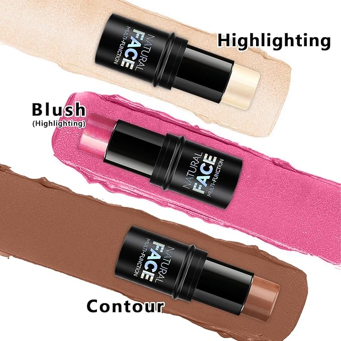 3Pcs Cream Contour Stick Makeup Kit, Shades with Highlighter Stick, Blush Stick and Bronzer Contour Stick for Sculpt the Cheeks, Long Lasting, Waterproof, Matte & Dewy Finish (LIGHT)-VivaGrace Women