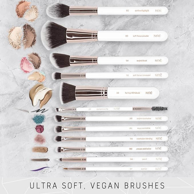 Niré Beauty White 15piece Award Winning Professional Makeup Brush Set: Vegan Makeup Brushes with Case, Makeup Sponge, Cleaner, Guide, Gift Box-VivaGrace Women