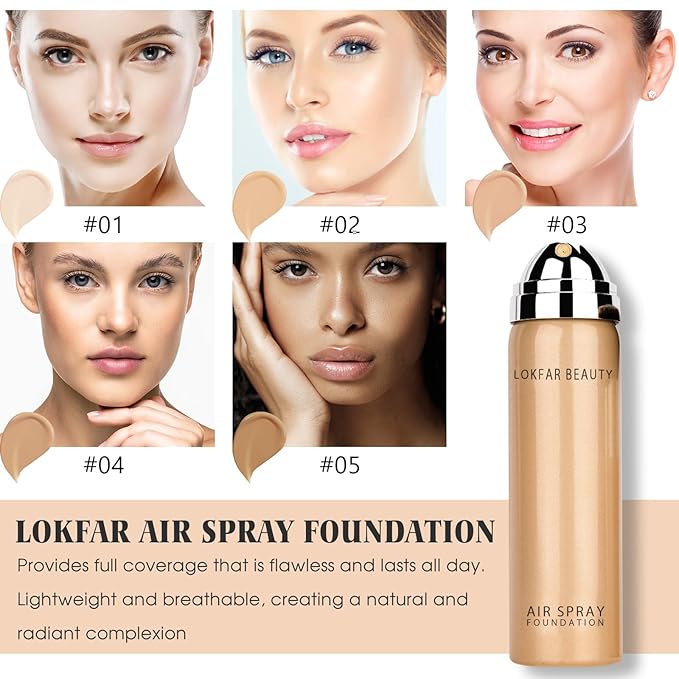 AirBrush Foundation Spray, Silky Mist Foundation Spray Makeup Set with Brush, Full Coverage Foundation for Smooth Radiant Finish, Formula Breathable Lightweight Hydrating | #01 Porcelain-VivaGrace Women