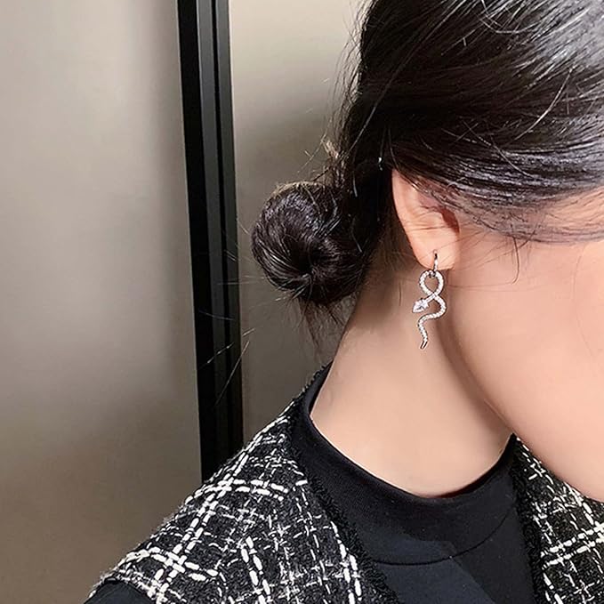 Gothic Crystal Snake Drop Earrings Silver Serpent Earrings Punk Snake Hoop Earrings Unusual Halloween Earrings Jewelry for Women and Girls-VivaGrace Women