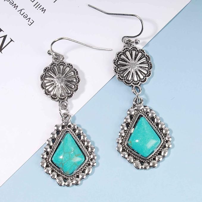 Boho Oval Turquoise Earrings Silver Circle Dangle Drop Earrings Vintage Flower Earrings Tribal Earrings Jewelry for Women and Girls-VivaGrace Women
