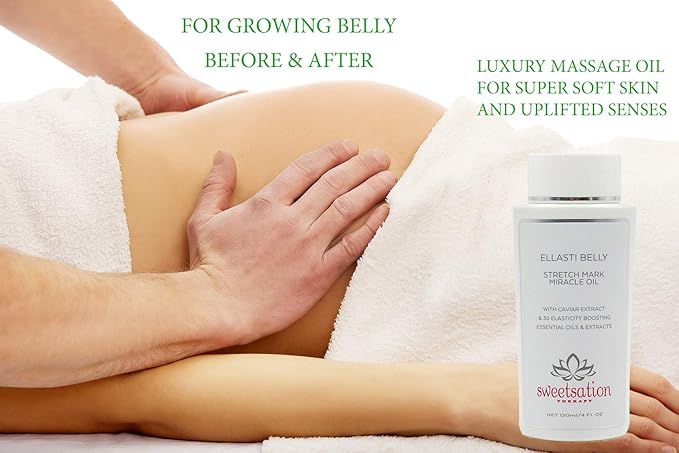 Sweetsation Therapy- Organic EllastiBelly Stretch Mark Miracle Oil, 4oz. Stretch Marks Prevention in Pregnancy With Omega 3,6,9, Vitamins,Amino Acids, 30+ Extracts to Boost Elasticity-VivaGrace Women