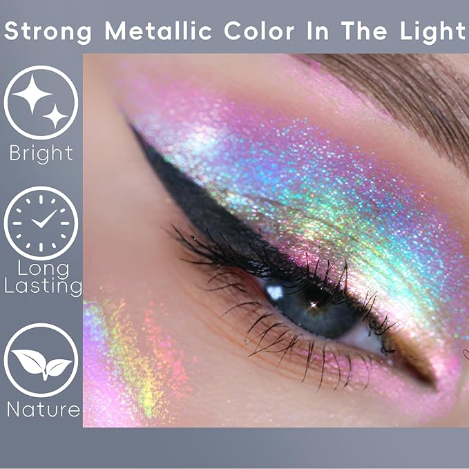 Chameleon Face Highlighter Palette, Glitter Metallic Rainbow Eyeshadow Holographic Sparkling Long Lasting Color Shifting Inner Corner Eye Brightener Illuminator Shimmer Highlighter Makeup-VivaGrace Women
