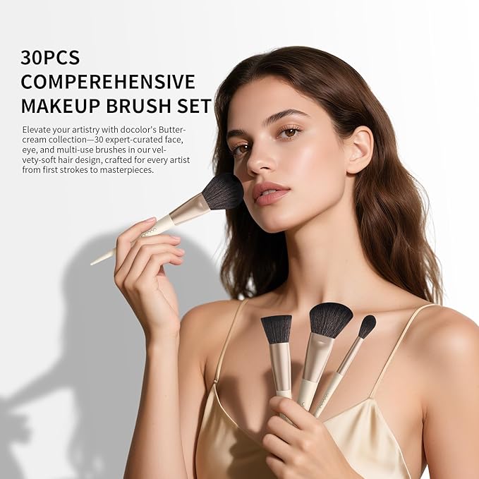 Docolor Makeup Brushes Set Professional 30Pcs Makeup Brushes Premium Synthetic Powder Kabuki Foundation Contour Blush Concealer Eye Shadow Blending Eyeliner Crease Eyebrow Make Up Brush Kit - Beige-VivaGrace Women