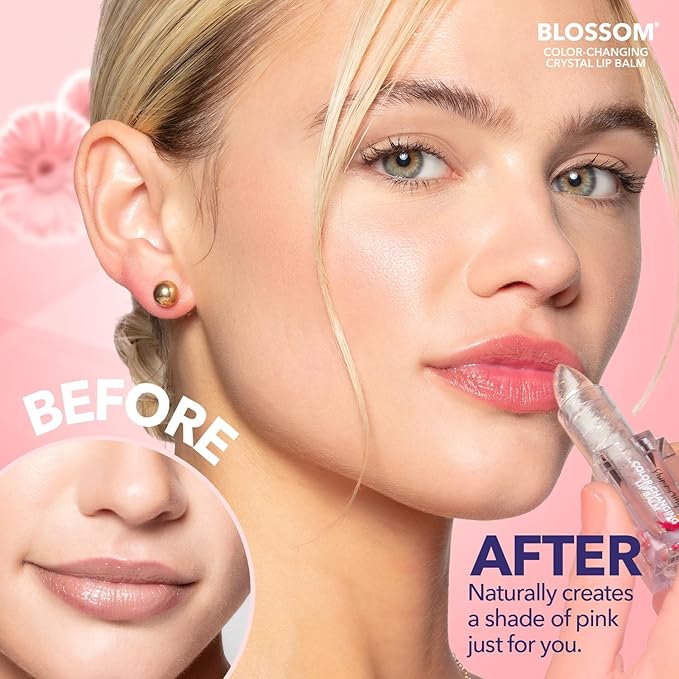 Blossom Moisturizing Color Changing Shimmering Lip Balm Sparkle Lip Stain Tint, Infused with Real Flowers, 3g, Crystal-VivaGrace Women