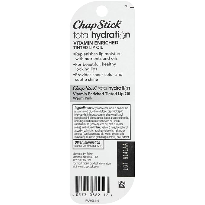 ChapStick Total Hydration Vitamin Enriched Warm Pink Tinted Lip Oil Tube, Lip Care - 0.24 Oz-VivaGrace Women