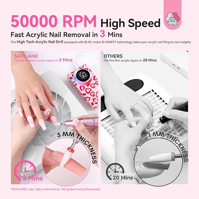 SAVILAND Electric Nail Drill Professional: 50000 RPM Electric Nail File Rechargeable Cordless Nail Drill Kit with Ceramic Drill Bits for Quick Acrylic Nail Removal Ambient Light Leopard Heart Print-VivaGrace Women