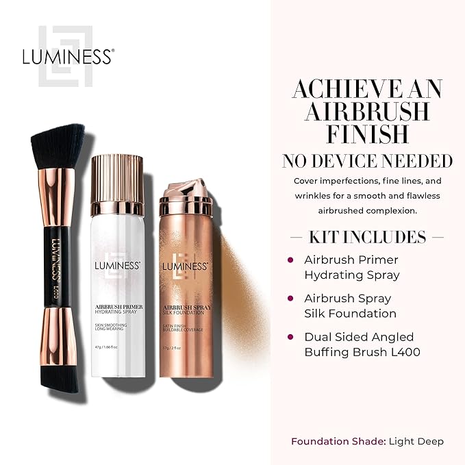 LUMINESS Airbrush Spray Silk Foundation Starter Kit - Light Deep - Foundation, Primer & Dual-Sided Angled Buffing Brush - Medium, Buildable Coverage, Anti-Aging Formula Hydrates & Moisturizes-VivaGrace Women