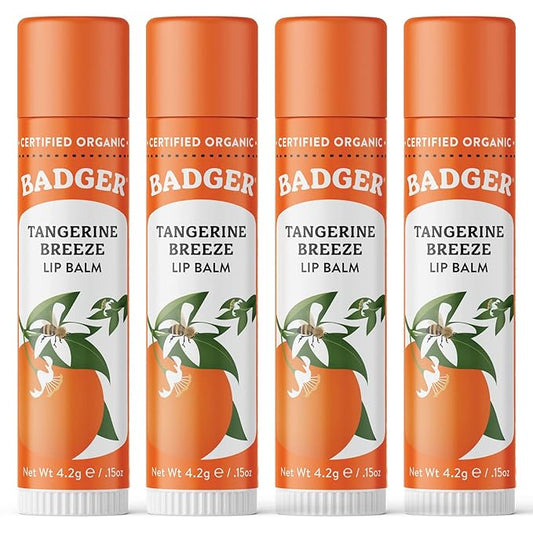 Badger - Classic Lip Balm, Tangerine Breeze, Made with Organic Olive Oil, Beeswax & Rosemary, Certified Organic, Moisturizing Lip Balm, 0.15 oz (4 Pack)-VivaGrace Women